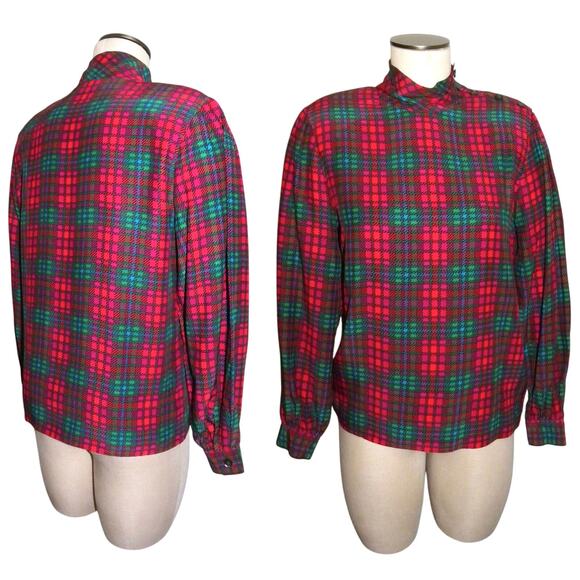 70's 80s Liz Claiborne Red Plaid High Collar Silk Blouse | XSMALL - Picture 2 of 8